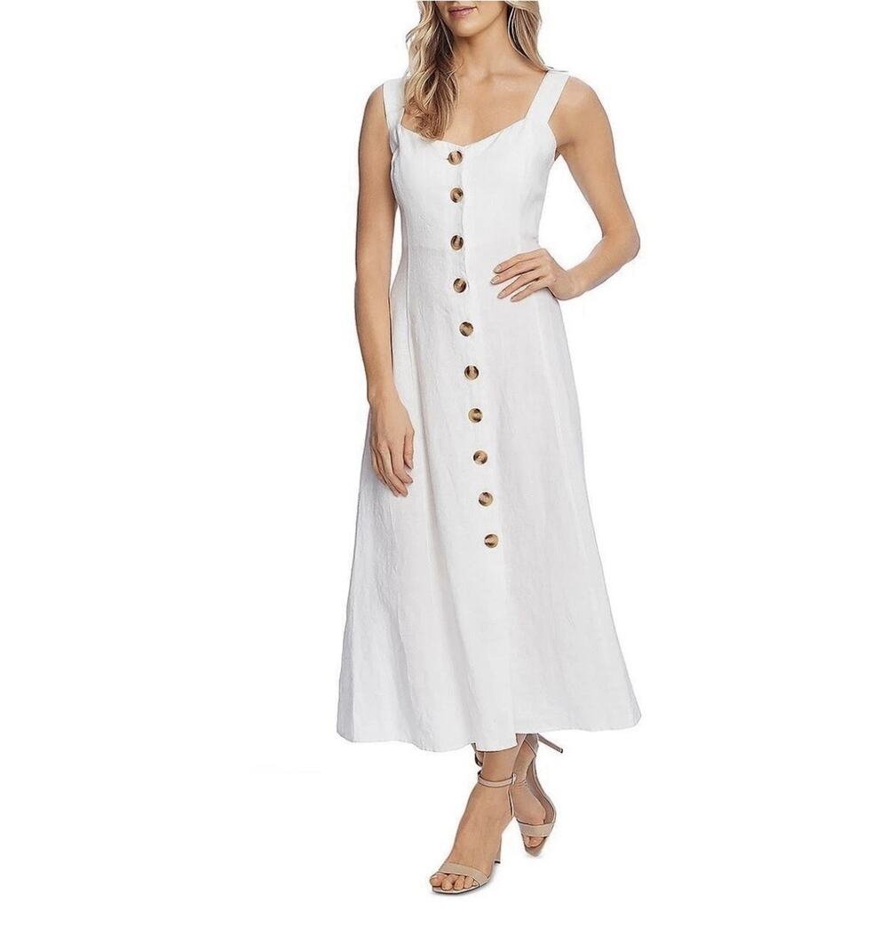 Vince Camuto White 100% Linen Button Front Midi Sundress M quiet luxury